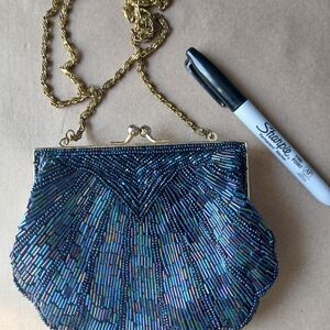 Vintage Beaded Evening Bag La Regale Scalloped Blue Chain